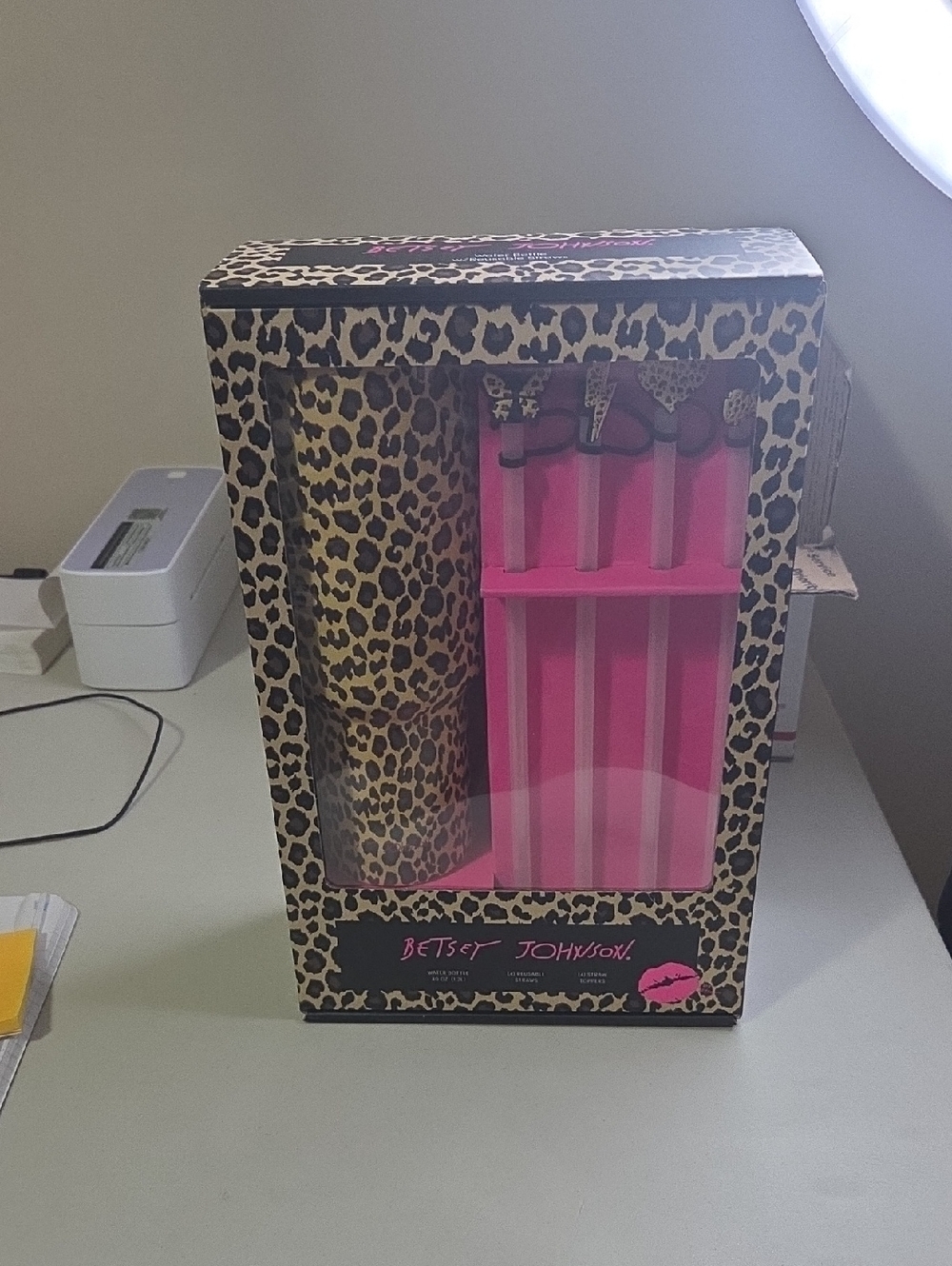 Betsey Johnson Leopard & Hot Pink Water Bottle  Set
